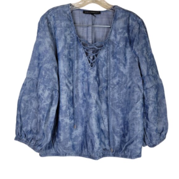 White House Black Market WHBM Chambray Lace Up Peasant Top L - Picture 7 of 8